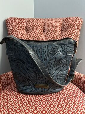 American West: Tooled Leather Hand Bag in Dark Teal Blue